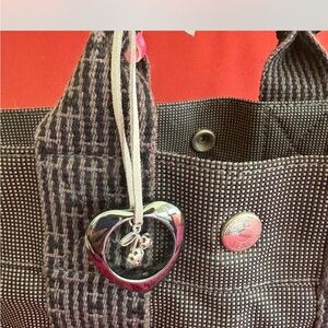 Large metallic heart and silver cherries bag charm